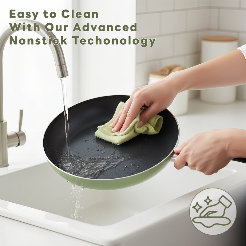 Sharpdo Kitchen Pots and Pans Set 8-Piece, Nonstick Mint Green Cooking Set for Induction & Gas, Healthy Coating Cookware with Lids - 18cm/24cm Pots, 20cm/24cm Fry Pans, Slotted Turner - Image 2